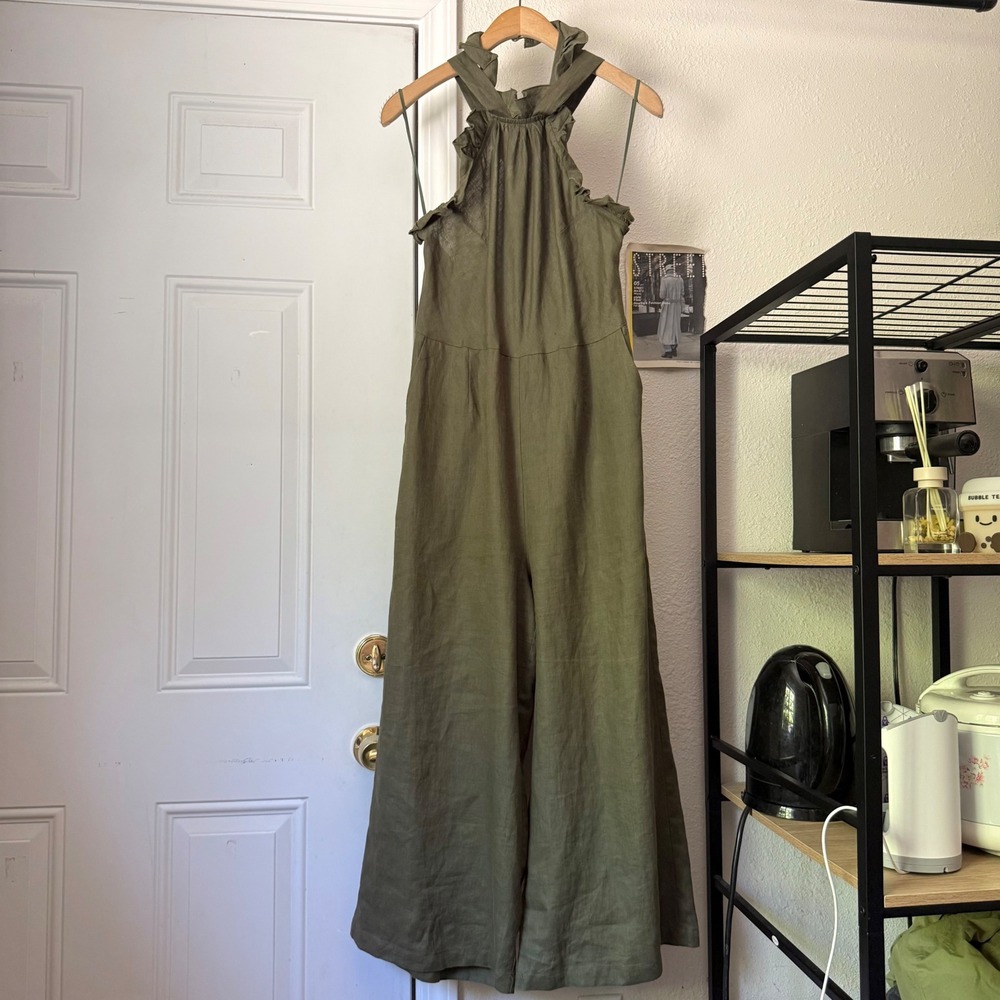 KRISTINIT olive green linen ruffle halter neck tie wide leg cropped jumpsuit